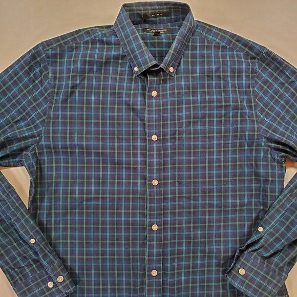 Banana Republic Shirt Men Medium Navy Plaid Slim Flex Fit Stretch Button Down - Picture 6 of 14